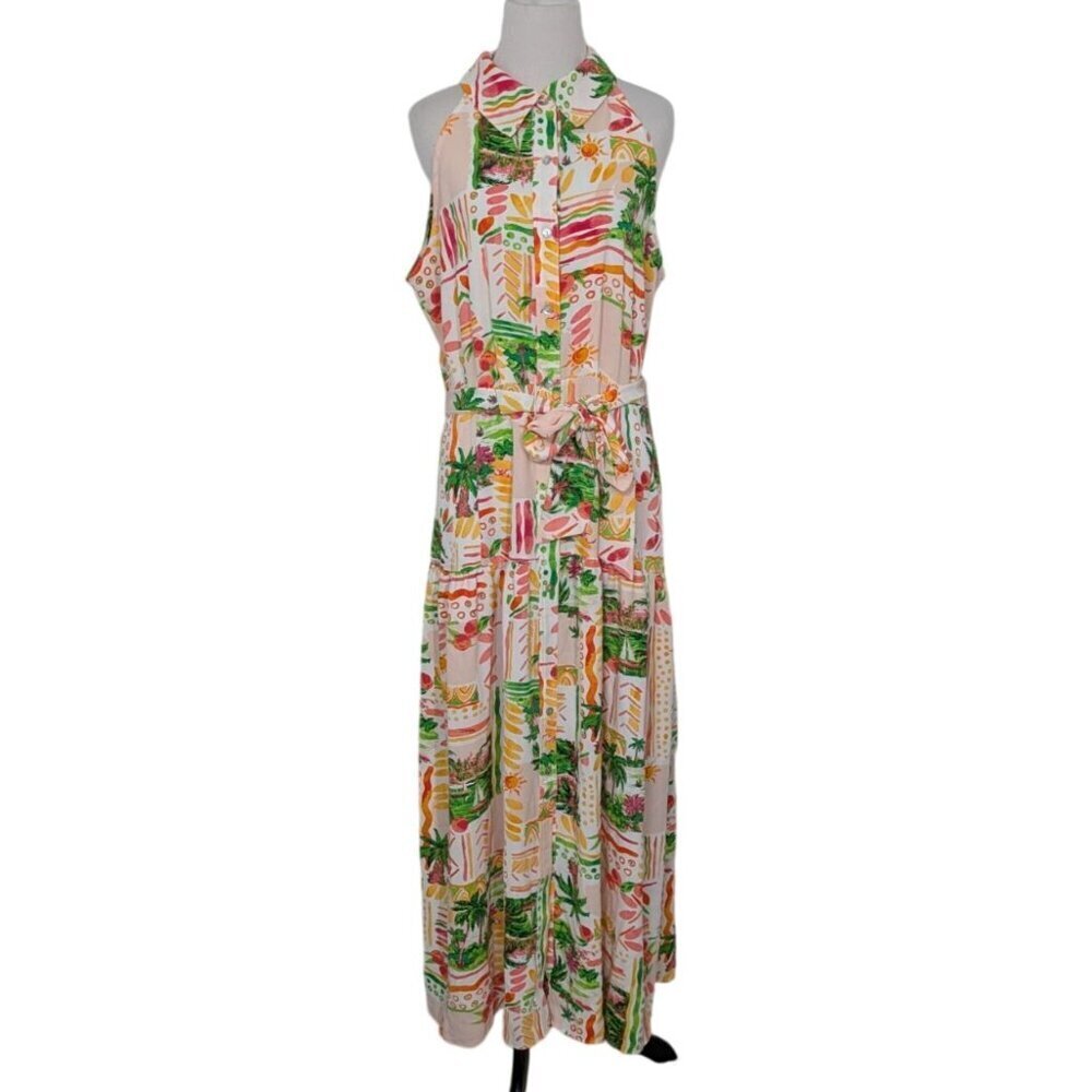 Cato Maxi Dress Womens Size Medium Peach Tropical Belted Sleeveless Collared